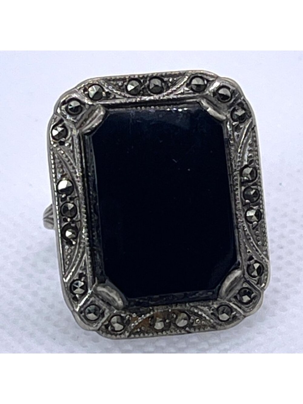 Art Deco Ring Black Onyx Marcasite Sterling Silver Statement Estate Size 6.25